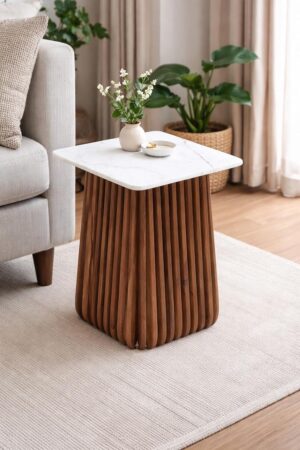 Wooden Side Table With Marble Top